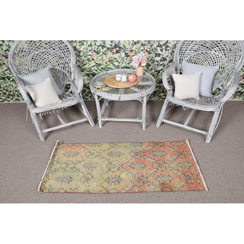Vintage Turkish Wool Rug in Vibrant Orange and Green Shades for Bohemian-Styled Entryways