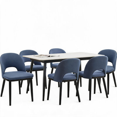 Ensemble de 6 chaises de salle à manger rembourrées en lin moderne, chaises de cuisine ergonomiques à dossier haut avec siège rembourré épais et pieds en bois d'hévéa, capacité de 300 lb pour la salle à manger, le salon et le restaurant, bleu