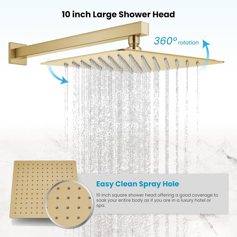 Système de douche Rainfall Ensemble de pomme de douche et de poignée de douche à fixation murale Ensemble de robinet de douche à pression équilibré complet en laiton massif brossé 10 po