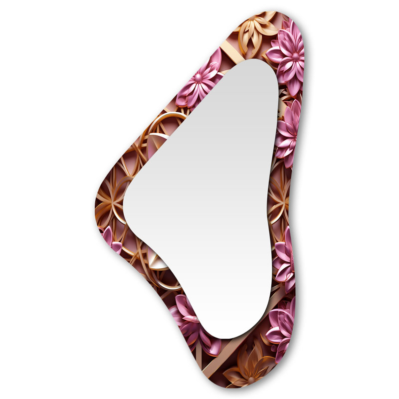 Emelie Gold And Pink Geometric Lotus Flower - Floral Asymmetrical Large Mirror, Traditional Irregular Shape Decorative Wall Mirror, Printed Metal Art