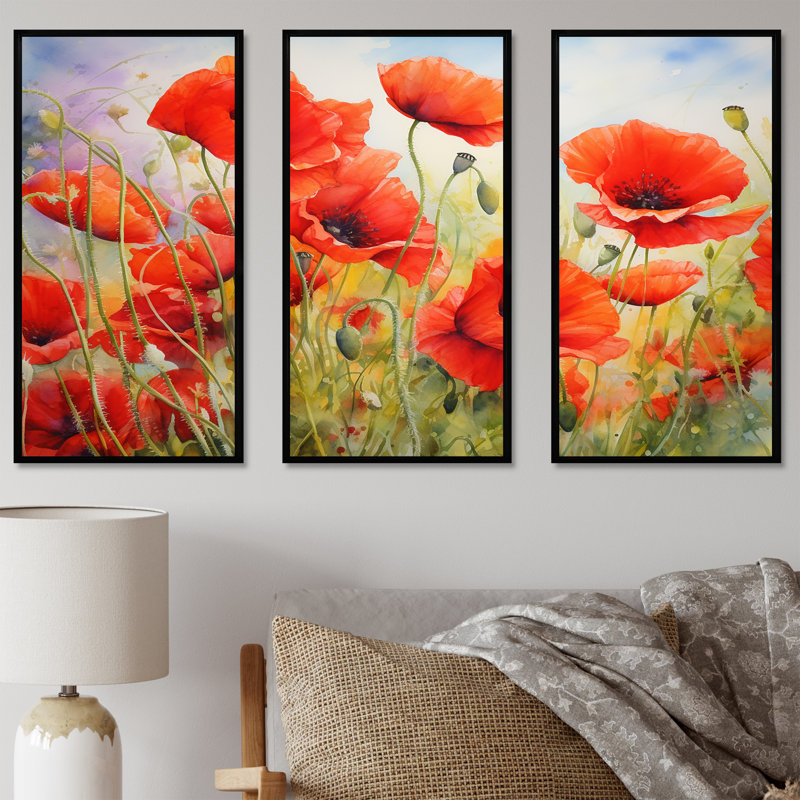 Radiant Red Poppies Pulse - ensemble de salon d'art mural coquelicots, Cadre flottant noir, H 28 po x l 36 po x P 1 po