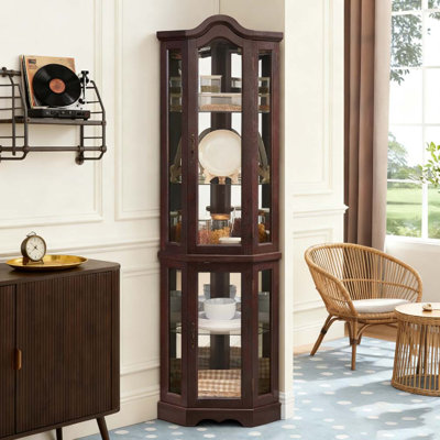 Lighted Corner Curio Cabinet with Tempered Glass Doors & Shelves