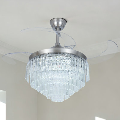 42" Modern Crystal Ceiling Fan With Led Light & Remote, 3 Colors Changing, 3 Speeds, Timer