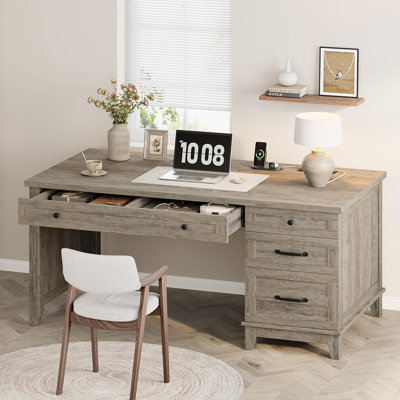 53.5" Farmhouse Executive Desk with Charging Station, Wood Computer Desk with Drawers & File Cabinet for Home Office