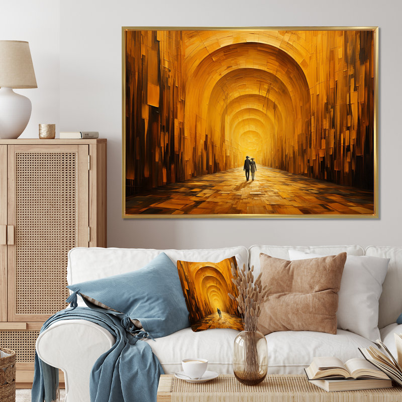 Couple in Yellow Abstract Tunnel, reproduction d'art sur toile, Cadre flottant doré, H 34 po x l 44 po x P 1,5 po