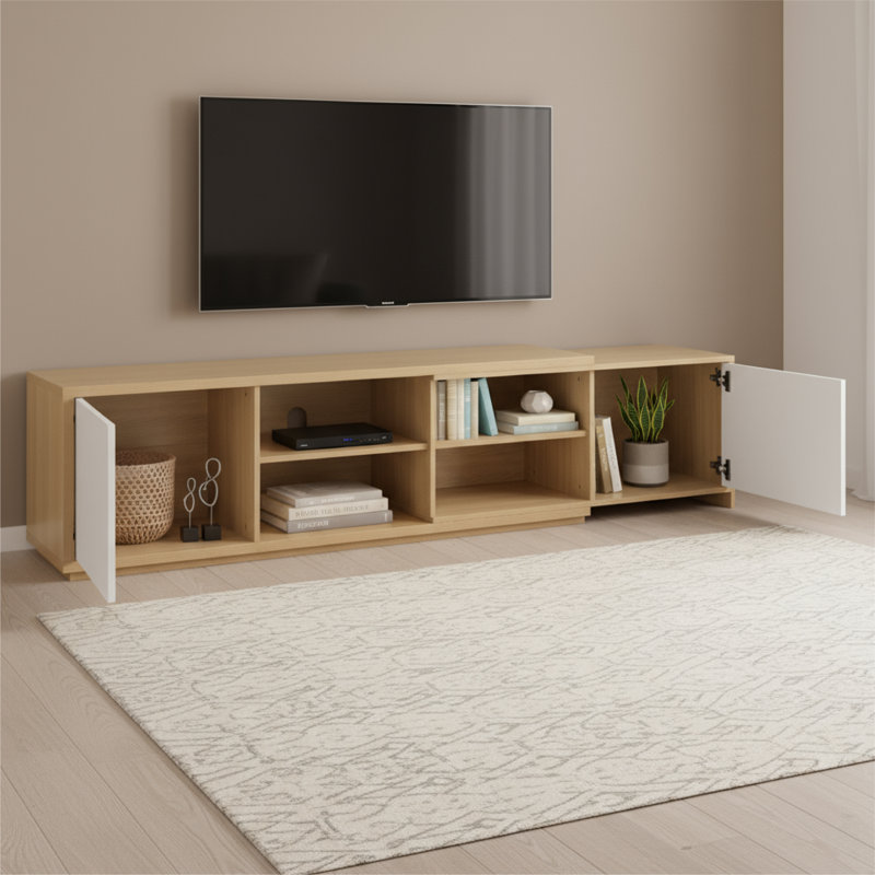 Meuble télé moderne avec tablettes réglables et rangement ouvert pour téléviseurs de 90 po ou moins Modern, Chêne