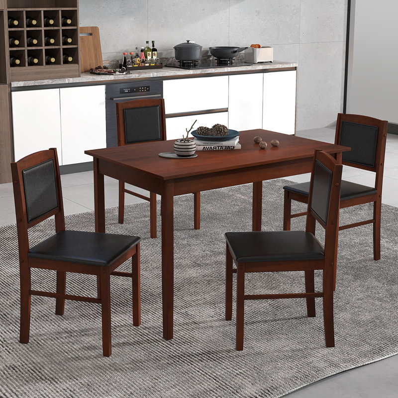 5 PCS Dining Table Set for 4 w/Rubber Wood Legs Upholstered Seat Padded Backrest, Brown, Black