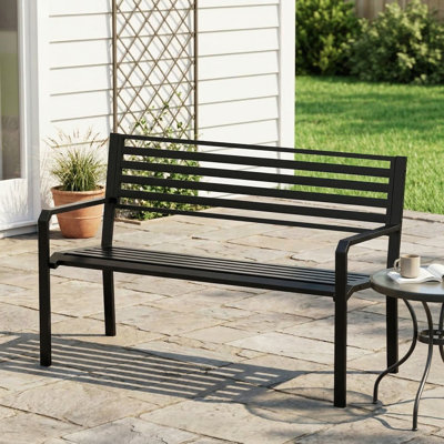 Banc de jardin à lattes en métal robuste de 2 à 3 personnes résistant aux intempéries et résistant à la rouille pour les pelouses de cour arrière