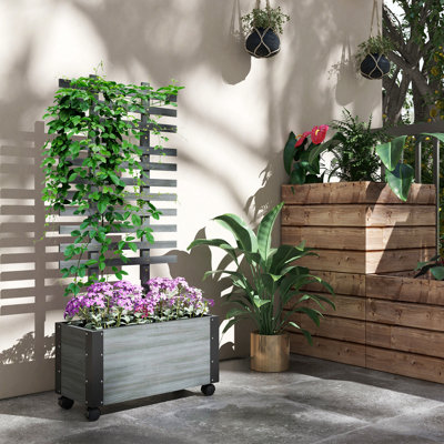 Lit de jardin surélevé avec treillis Outsunny, jardinière en bois pour l'extérieur avec roues, pour plantes grimpantes et plantes grimpantes