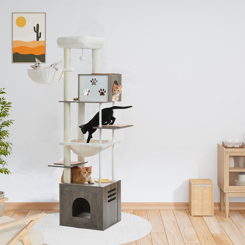 Grand arbre à chat en bois avec hamac surdimensionné 74,8 po Gawen, Brun
