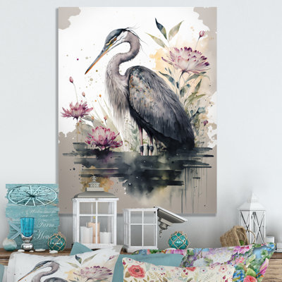 «Cute Heron Floral Art III - Heron», reproduction d'art sur toile encadrée