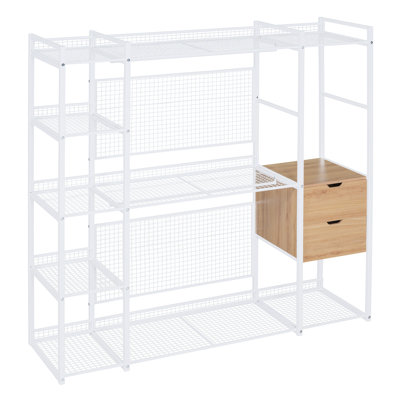 Garde-robe de style ouvert avec rails suspendus, tablettes et tiroirs