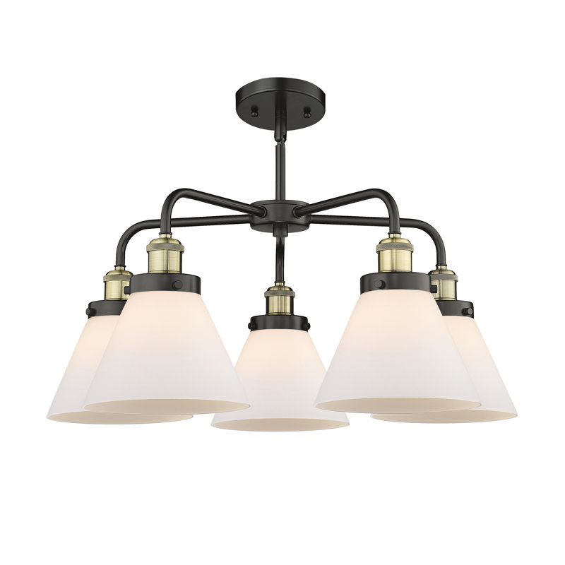 Lustre suspendu 5 lumières Cone, Blanc mat, Laiton antique noir