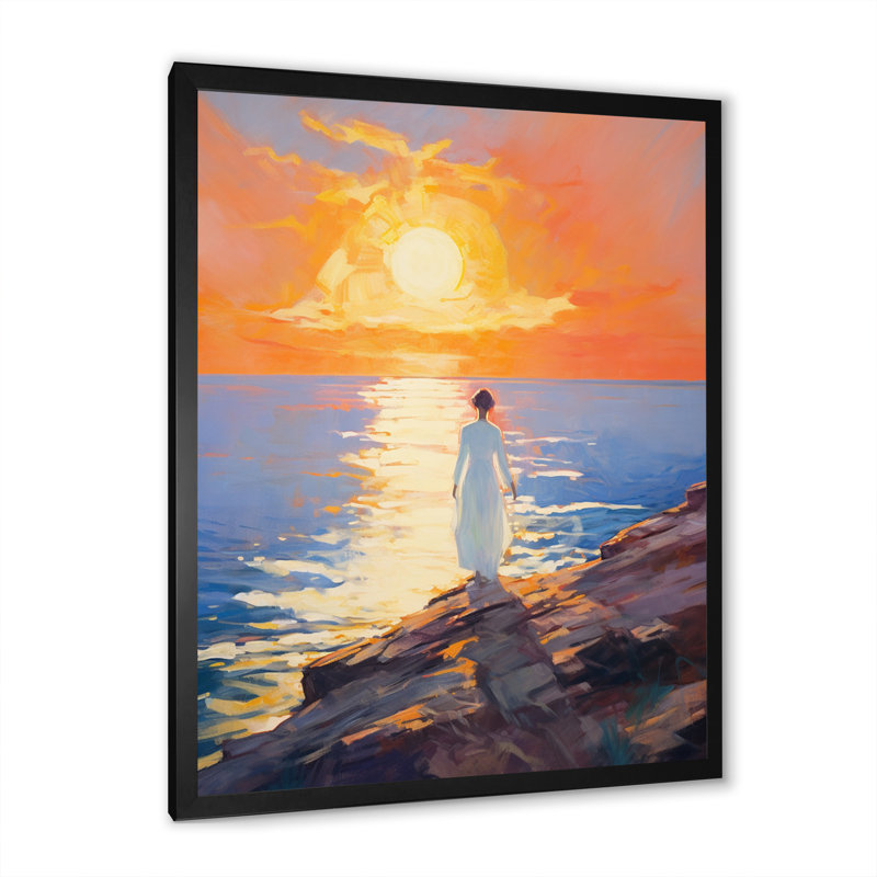 «Woman In White On The Ocean Mountains Sunset» sur toile, H 20 po x l 12 po x P 1 po, Cadre simple noir