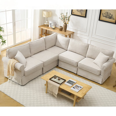 L-Shaped Modular Sectional Sofa with Linen Fabric and Rolled Arms