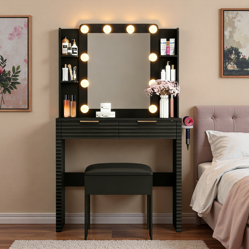 Fluted Makeup Vanity Desk With 10 Hollywood Bulbs, Charging Station, 2 Drawers, 4 Open Shelves, Hairdryer Holder And Storage Stool