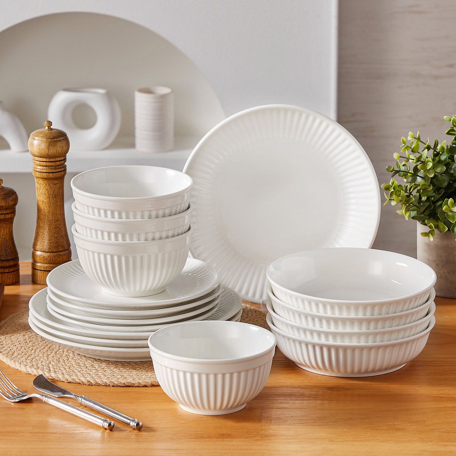 16-Piece Ceramic With Black Rims Dinnerware Set - Modern Ribbed Relief Tableware Service For 4, Includes Dinner Plates, Salad Plates,Soup Plate& Bowls - Holiday, Wedding & Dinner Party Essentials