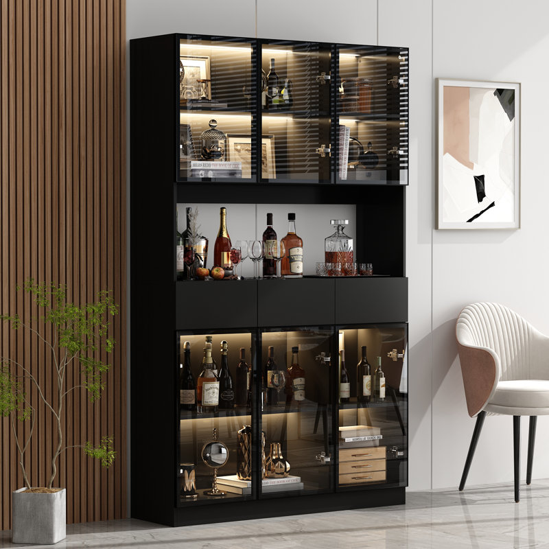 Armoire à huche, huche de cuisine avec lumière, armoire sur îlot de rangement, desserte avec 3 grands tiroirs, 6 portes et 1 tablette ouverte