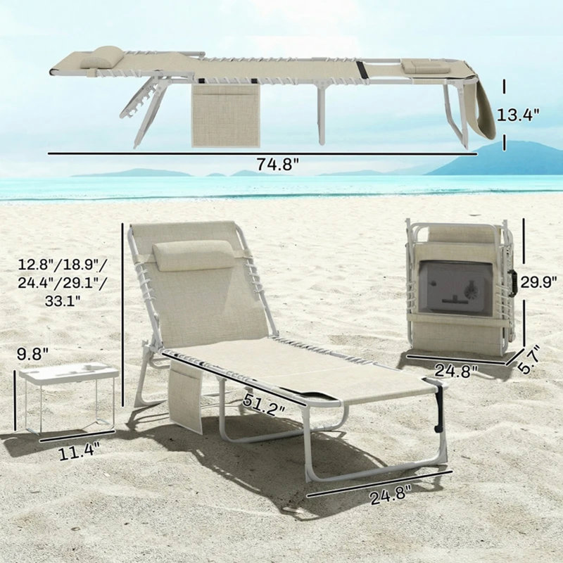 Chaise longue de patio pliante, ensemble de 2 chaises de bronzage avec trou pour le visage et table d'appoint