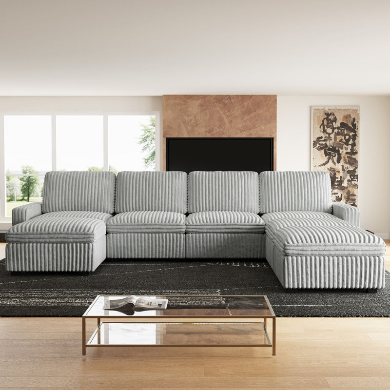 Wide U Shaped Sofa Storage Couch With Ottoman Chaise, Sectional Modular Sofa Livingroom Apartment Couch, Gray Corduroy