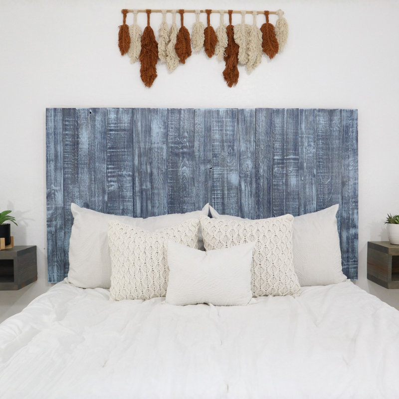 Nai Floating Headboard Solid Wood Wall Mount Blue Stonewash, Queen