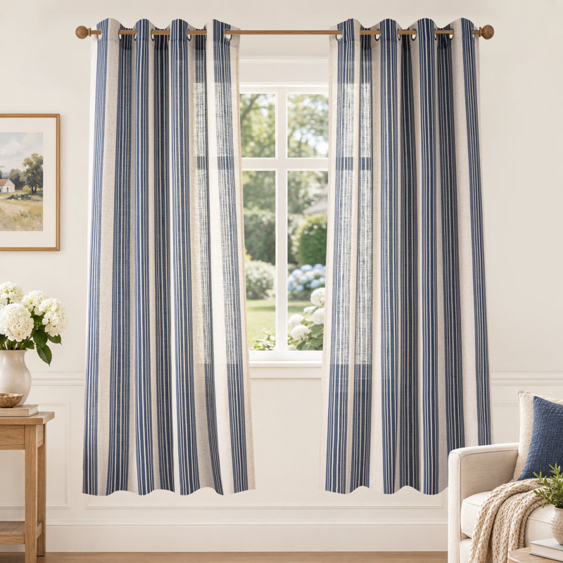 Rideaux semi-transparents en lin avec motif à rayures Chris, Bleu marine foncé, L 52 po x L 63 po