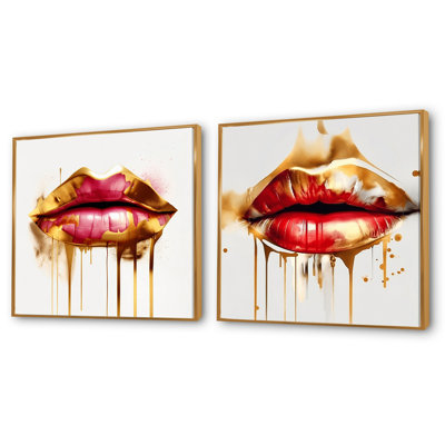 Golden Red Lips Of Luxury - Fashion Square Collage Set Of 2