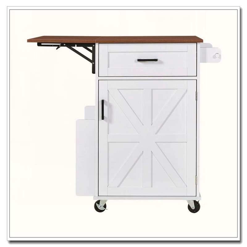 39.3" Farmhouse Kitchen Island with Drop Leaf & Open Side Rack, White