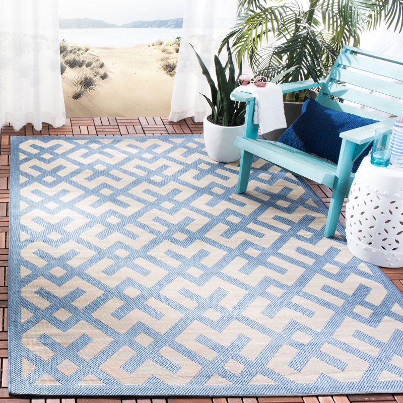 Arneshia Geometric Beige/Blue Area Indoor/Outdoor Area Rug, Rectangle 5'3" x 7'7"