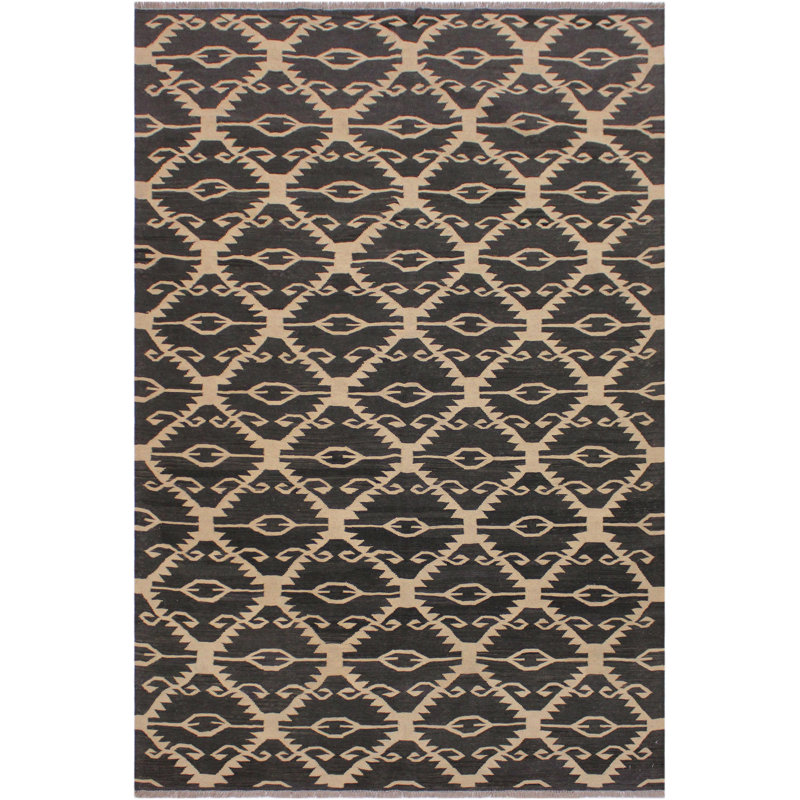 Tapis géométrique noir en laine noué à la main à motif géométrique 5 pi 7 po x 8 pi 1 po Madli