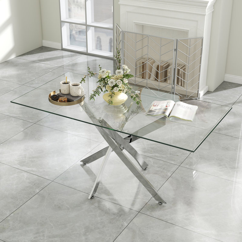 Table de salle à manger rectangulaire en verre trempé avec piédestal en acier inoxydable, H 29,3 po x L 63 po x l 31,5 po