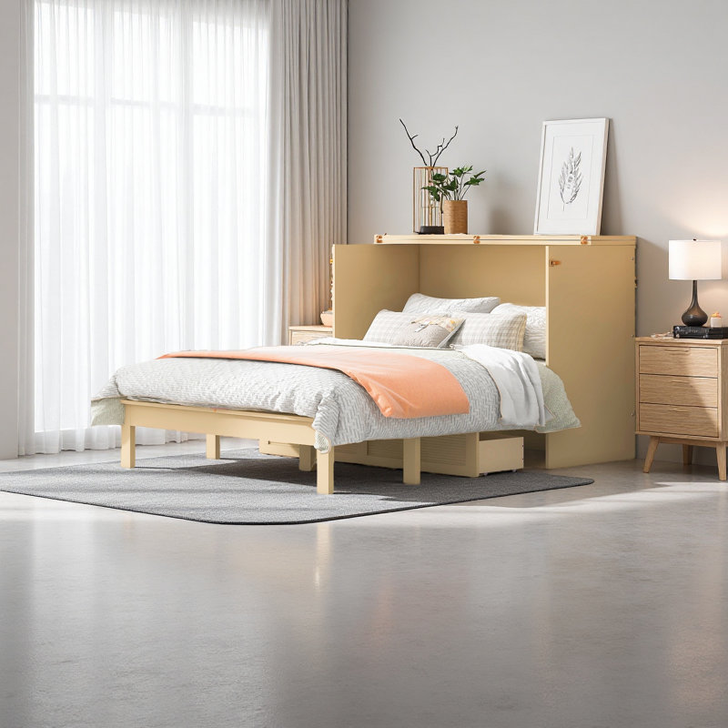 Lit escamotable avec tiroir et un ensemble de prises et de ports USB, design moderne, Doré, Lit double 