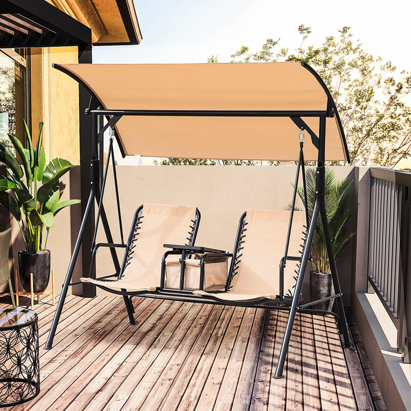 Patio Swing Chair For 2, Outdoor Canopy With Hidden Storage, Sun Blocking, Beige Canopy, Pivot Table, Cup Holder, Adjustable Shade, ,