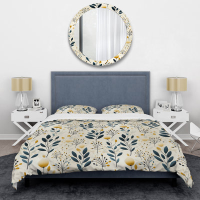 Modern Teal And Yellow Minimalist Floral Botanics Polyester Box Stitch Floral Duvet Cover Set