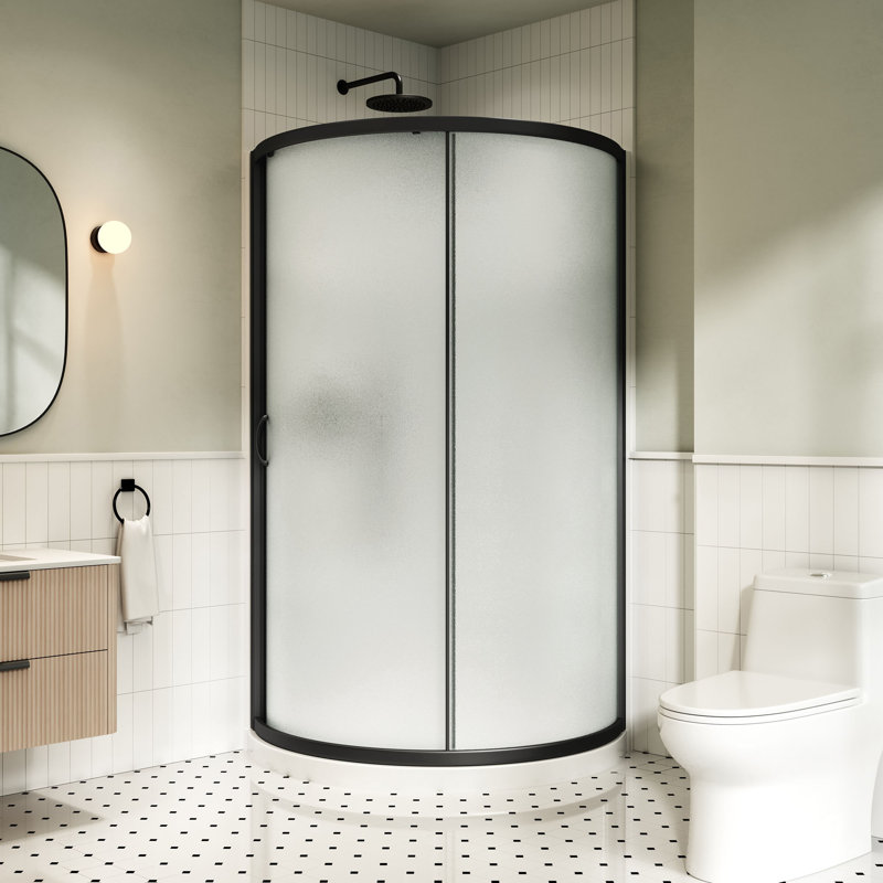 Ensemble de douche d'angle arrondi Breeze 40 po L x 40 po l x 77 po H, noir mat, porte coulissante, parois et receveur dépolis