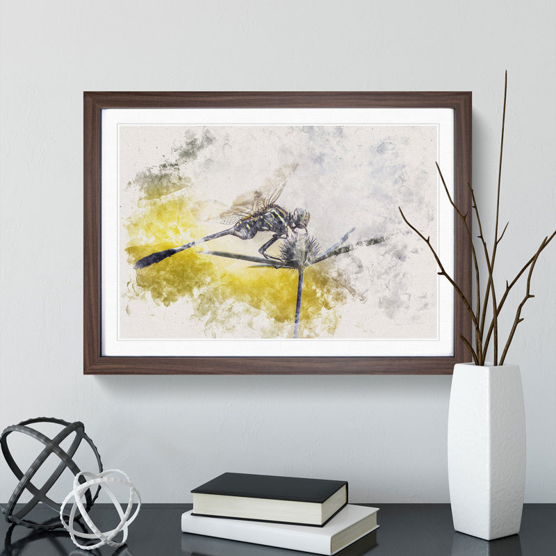Dragonfly Upon A Thistle - Single Picture Frame Painting on MDF, Walnut Framed, 45cm H x 63cm W x 2cm D