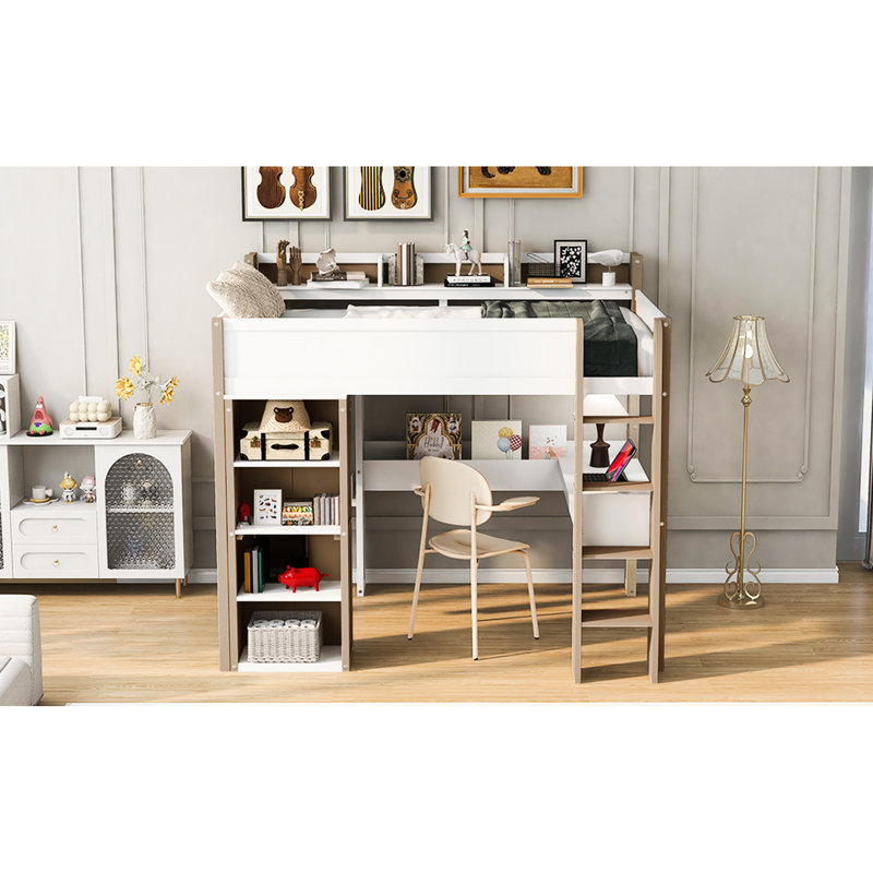Lit mezzanine double en blanc et naturel, avec tablettes de rangement et bureau intégré, pratique et moderne - conçu avec des tablettes, une tringle à vêtements, un espace d'étude, une construction