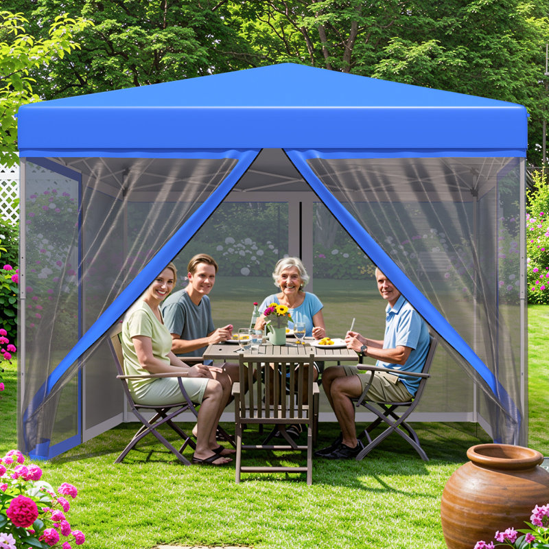 10'X10' Pop Up Canopy Tent With 4 Mesh Curtains, Portable Shelter Gazebo, Easy Outdoor Sun Shade For Events, Parties And Camping (Blue)