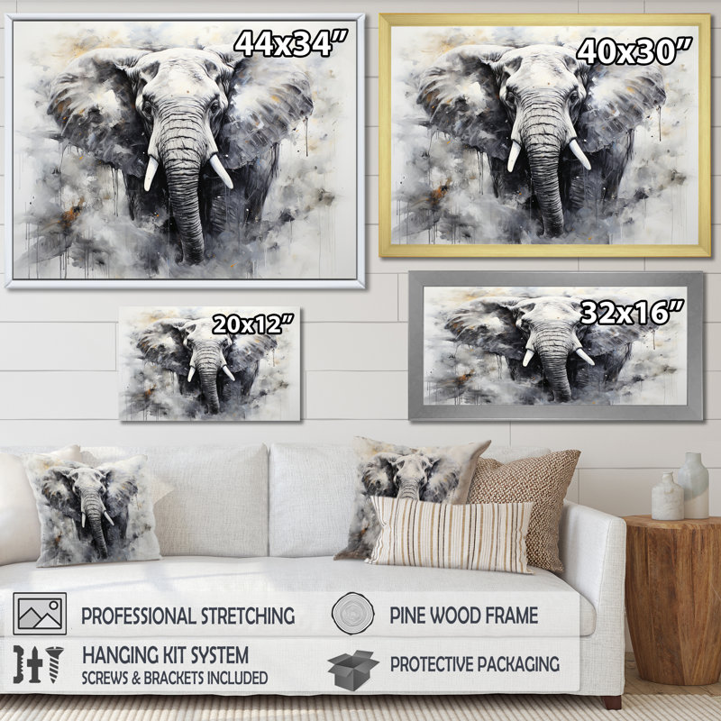 Noir et blanc doux éléphants géants, Cadre simple argenté, H 34 po x l 44 po