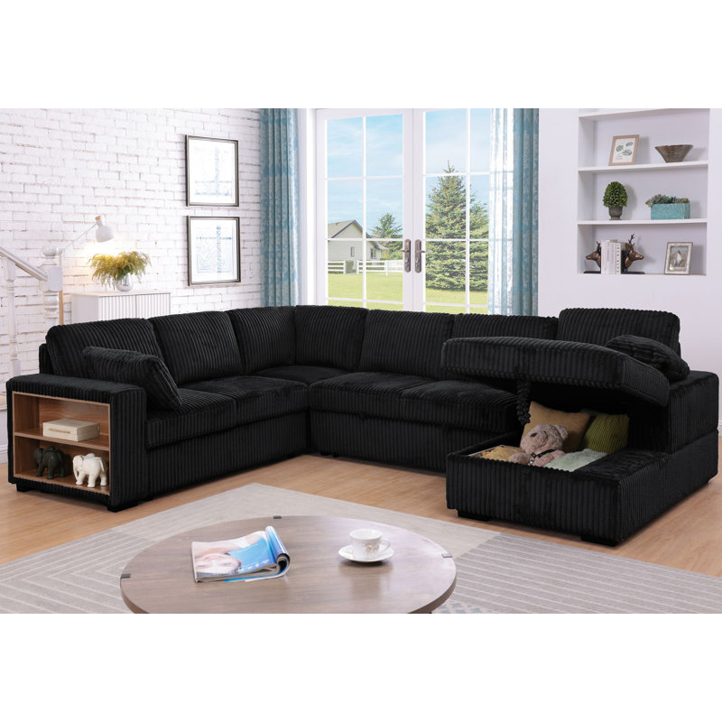 Sleeper Sectional Sofa with Pull-Out Bed, Storage Armrest, Right-Facing Storage Chaise, Black