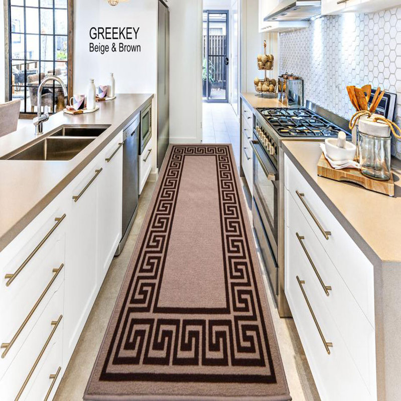 Greek-Key Beige Brown Non-Slip Polypropylene Area Rug — Washable Door Mat & Hallway Runner for Living Room, Kitchen & Bedroom