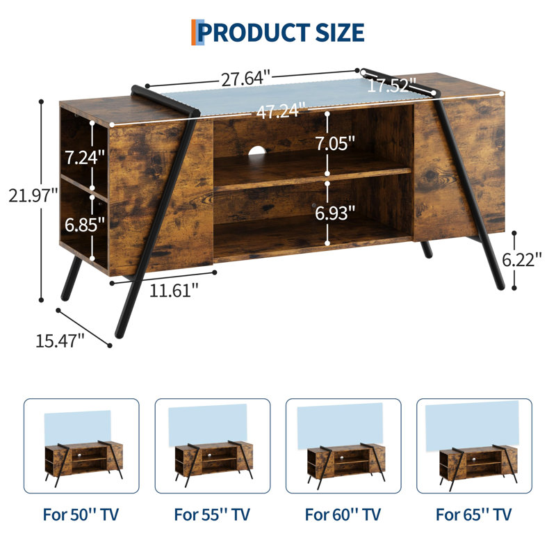 47" Industrial TV Stand for 50–55" TVs, Media Console with Slanted Metal Legs & Adjustable Open Shelves, Brown