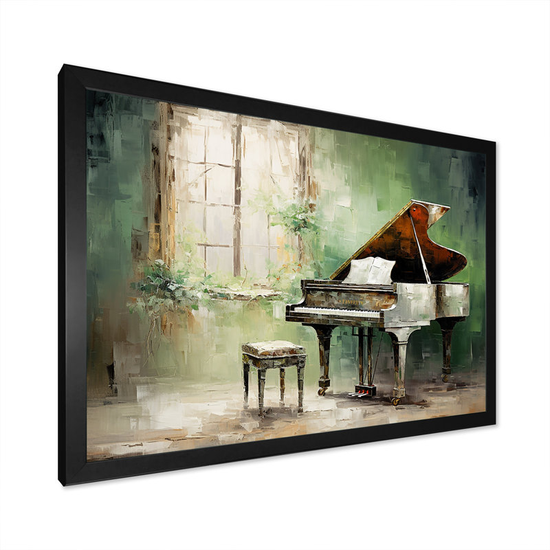 «Green Piano Impressionist», art mural sur toile, Cadre simple noir, H 24 po x l 32 po x P 1 po