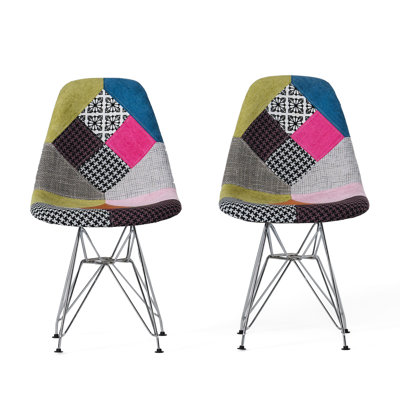 Bohemian Style Seat Chairs, Chromed Metal Legs & Geometric Decoration Dining Chairs Of 2, Pattern With