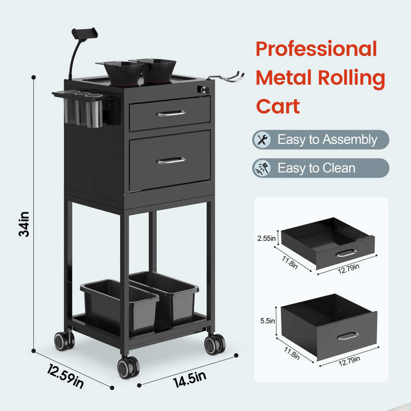 Rolling Craft Cart Metal Storage Cart with Lockable Drawer Salon SPA Trolley, Black
