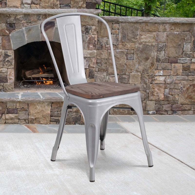 Kewaunee Metal Stackable Chair with Wood Seat, Silver