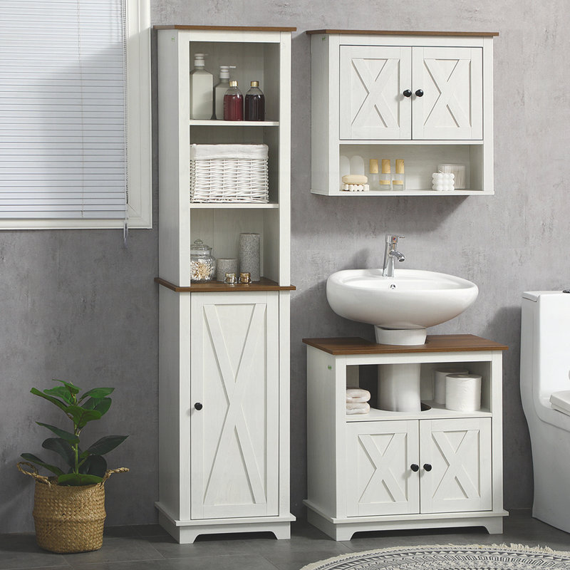 Slim Bathroom Storage Cabinet with Triple Open Shelves, Wooden Freestanding Linen Tower with Door and Shelf