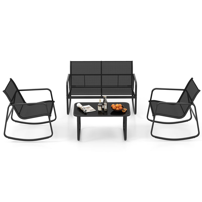 Ebern Designs 8 Pcs Patio Rocking Rocking Chairs & Loveseat With Glass-top Table Outdoor