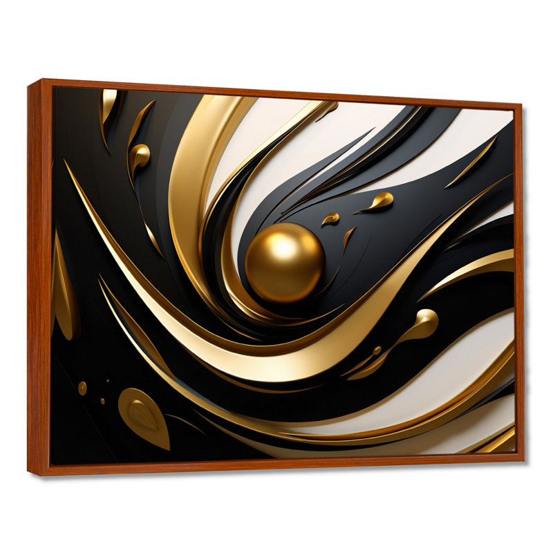«Gold Core», art mural blanc, noir et abstrait, Toile avec cadre flottant brun, H 30 po x l 40 po x P 1,5 po