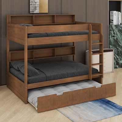 Lit superposé avec lit gigogne et tablettes de rangement intégrées, lit superposé en bois peu encombrant